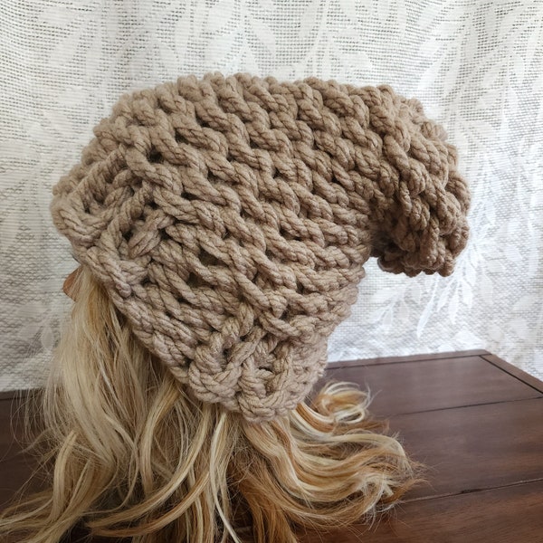 Hand Knit Super Slouchy Chunky Beanie - Thick - Unisex - Beige