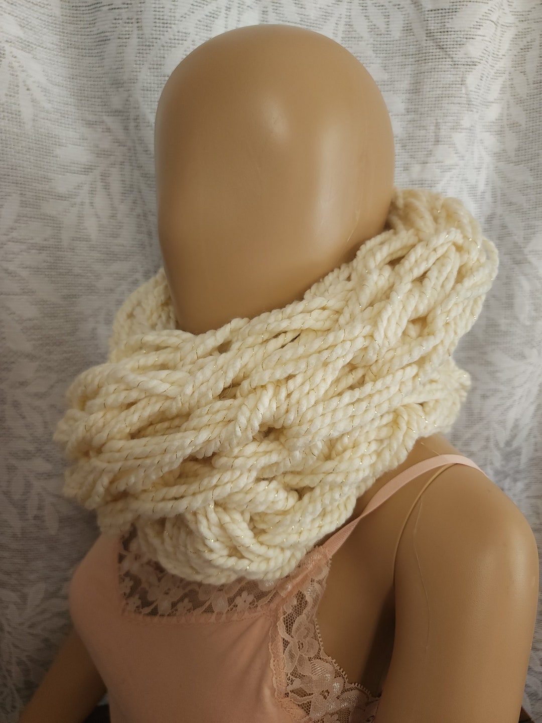 Hand Knit Chunky Infinity Cowl Scarf in Cream With Gold Threads - Etsy