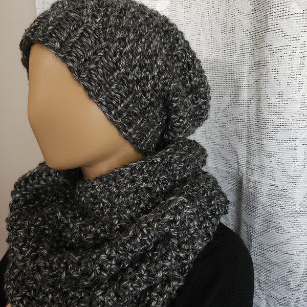 Hand Knit Mega Cowl and Beanie Set Black, Charcoal Gray, & Silver