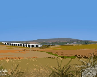 May include: A white stone viaduct with arches spans a valley, with a green hill in the background. The foreground is a field of brown grass with green patches.