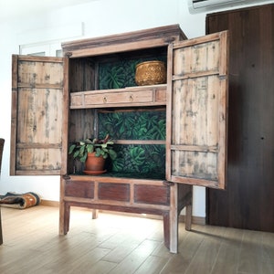 Stunning Vintage Oriental Rattan and Solid Wood Linen Cabinet, Cupboard, Wardrobe, Upcycled