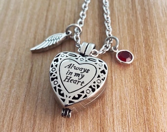 Heart Cremation Necklace: Stainless Steel Urn Locket, Angel Wing, Birthstone