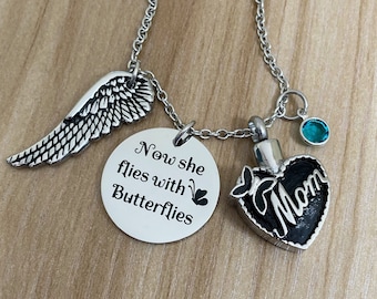 Memorial Necklace: Stainless Steel Cremation Urn, Angel Wing Jewelry