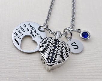 Stainless Steel Angel Wing Urn Necklace: Engraved Heart Locket Keepsake