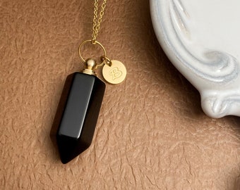 Obsidian Memorial Urn Jewelry, Cremation Necklace, Keepsake Locket, Black Crystal bottle Pendant, Ashes Holder