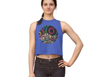 Neon Cityscape SanFran Circle art Crop Top | Retro Urban Nightscape