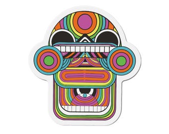 Colorful Retro Tribal Mask Die-Cut Magnet | Psychedelic Face Sticker Magnet