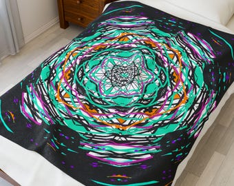 Teal Purple Mandala Velveteen Plush Blanket | Kaleidoscope Geometric Throw