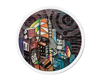 Colorful Abstract Cityscape Die-Cut Magnet | Urban Art Sticker Magnet