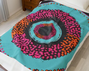 Neon Abstract Mandala Velveteen Plush Blanket | Retro Circle Pattern