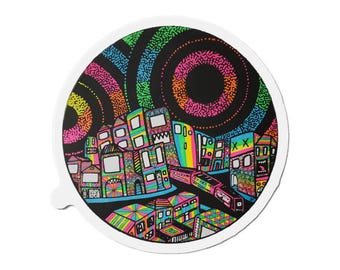 Neon Cityscape Die Cut Magnets | Retro Rainbow Urban Art Magnet