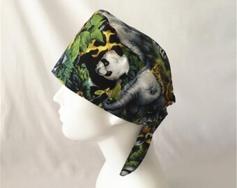 Animal Print Surgical Scrub Cap with Buttons: Tie Back Cotton Hat