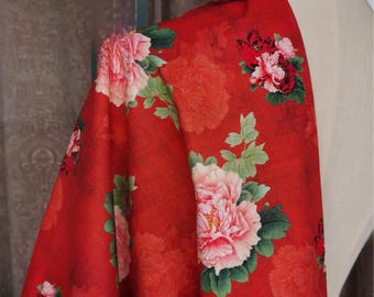 Chinese Peony Flower Fabric,Peonies Pink Blossom on Red,Traditional Floral Cotton Textile by Half Yard