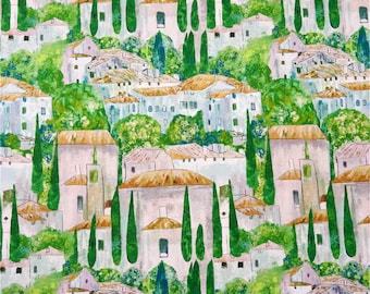 Klimt 'Church in Cassone' Landscape Fabric, Village Print, Austrian Art Cotton for Curtains Home Decor Upholstery Crafts Apparel F2760