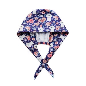 Floral Dog Print Tie Back Surgical Scrub Cap with Buttons