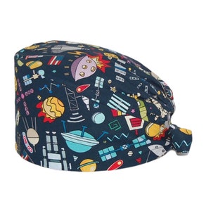 Unisex Cotton Scrub Cap with Buttons: Space Print Surgical Hat