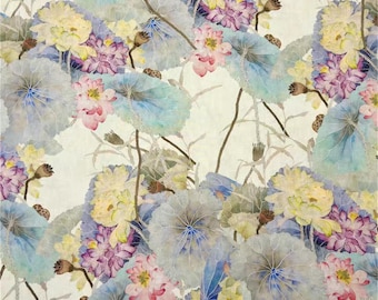 Watercolor Lotus Pond Fabric, Ethereal Chinese Ink Wash Style, Cotton Textile for Decor F2763