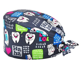 Dental Surgical Cap: Teeth Print Scrub Hat, Handmade Cotton