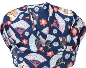 Cotton Linen Bouffant Hat: Floral Puppy Print, Adjustable Cord