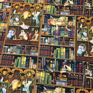 Cats in Library Fabric,Cat Fabric,Books Fabric,Vintage Fabric for Cat Lover,Home Decor/Drapery/Clothing/Apparel/Quilting/Upholstery Fabric