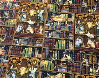 Cats in Library Fabric,Cat Fabric,Books Fabric,Vintage Fabric for Cat Lover,Home Decor/Drapery/Clothing/Apparel/Quilting/Upholstery Fabric