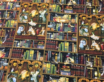Cats in Library Fabric,Cat Fabric,Books Fabric,Vintage Fabric for Cat Lover,Home Decor/Drapery/Clothing/Apparel/Quilting/Upholstery Fabric