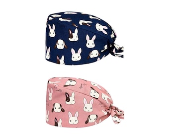 Rabbit Print Surgical Scrub Cap: Handmade Cotton Women's/Men's Hat