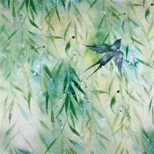 May include: Watercolor painting of a bird in flight amidst green willow leaves. The artwork features a soft, blended background with touches of blue and white, creating a serene and naturalistic scene. The bird is depicted in shades of gray.