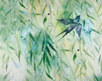 Chinese Watercolor Willow Swallow Fabric, Soft Green Spring Pattern, Ethereal Cotton for Curtains & Apparel F2761