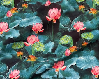 睡蓮の花柄コットンリネン生地、絵画風、大きな蓮のプリント（1/2