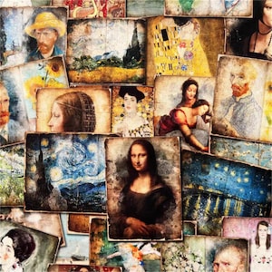 Può includere: Un collage di stampe artistiche in stile vintage con dipinti famosi. Le stampe mostrano ritratti, paesaggi e opere d'arte iconiche, tra cui l'autoritratto di Van Gogh, la Gioconda e "Il bacio" di Klimt. La tavolozza dei colori comprende toni caldi e texture invecchiate.