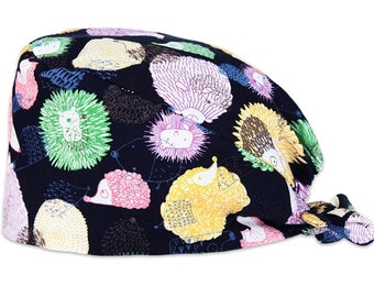 Cappello da chirurgo con stampa a riccio e bottoni: berretto da chirurgo in cotone fatto a mano
