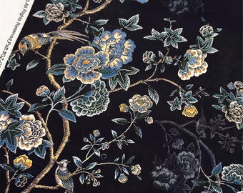 New Chinese Floral Fabric, Peony and Bird Pattern on Black, Elegant Cotton for Apparel & Home Decor F2753