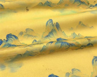Chinese Mountain Landscape Fabric,Song Dynasty Art Print,Elegant Yellow & Blue Home Decor Cotton Material F2765