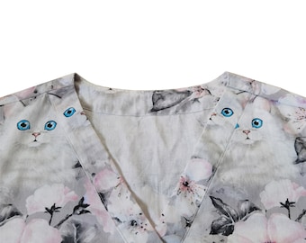 Cat Print Scrub Top: Handmade Cotton V-Neck Nurse Uniform