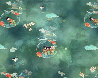 Chinese Tang Dynasty Ladies Fabric,Medallion Court Lady Print, Gold Outline on Dark Green Cotton F2772