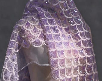 Mermaid Scale Sequin Fabric, Iridescent Lace Mesh with Gradient Holographic Embroidery, Sheer Fabric for Costume & Performance Wear
