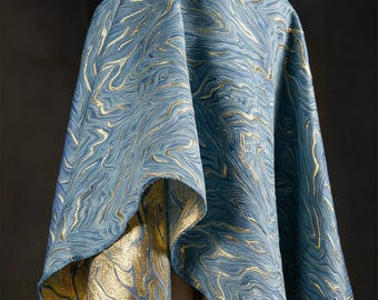 Blue Gold Metallic Jacquard Fabric, Oil Painting Mountain Textured Fabric, Luxury Drapery for Dresses, Bags, Art to Wear A001