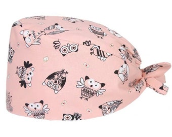 Handmade Cotton Scrub Hat with Buttons: Owl Print Surgical Cap