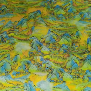May include: Abstract landscape art print featuring a vibrant mountain range in shades of yellow, green, and blue. The artwork has a watercolor effect, with soft, blended colors and a dreamy quality. The composition evokes a sense of nature and tranquility.
