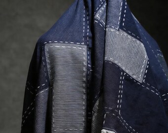 Boro Denim Fabric,Patchwork Style Yarn-Dyed Jacquard with Contrast Stitching, Japanese Indigo Cotton for Jackets,Bags,Skirts & Totes A010