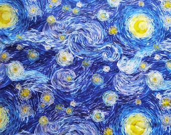 Van Gogh Starry Night Fabric, Swirling Sky Art Print on Cotton, Expressionist Painting Textile for Decor