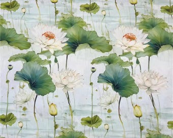 Watercolor Lotus Pond Fabric, New Chinese Style Seamless Print, Soft Blue & Green Cotton for Serene Decor
