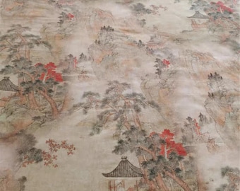 Chinese Ink Wash Camellia Fabric,Watercolor Floral Bloom on Celadon Green,Cotton Tablecloth,Pillow,Home Decor Textile