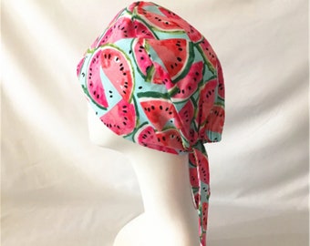 Watermelon Cotton Scrub Hat with Buttons: Handmade Surgical Cap
