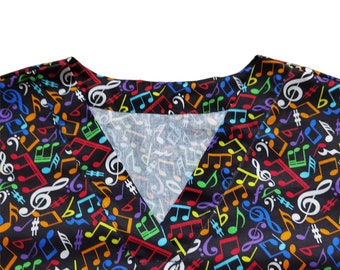 Music Print Scrub Top: Personalized 100% Cotton, V-Neck