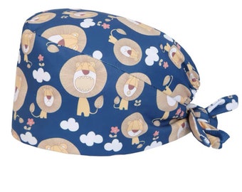 Lion Print Surgical Scrub Cap with Buttons: Handmade Cotton Linen