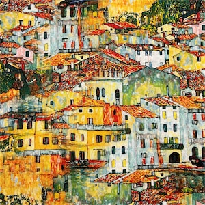 May include: An abstract painting depicting a coastal town. The buildings are in shades of yellow, orange, and blue, with orange rooftops. The artwork has a textured, painterly style, with multiple windows and doors visible on the buildings.