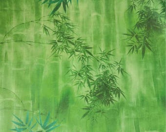 Whispering Bamboo Forest Fabric, Chinese Ink Wash Style Green Gradient, Natural Cotton Textile for Decor & Apparel F2749