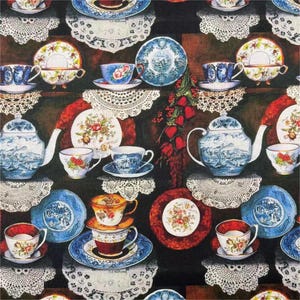 Nachmittagstee Party Tee-Set Teekannen Teetassen Wasserkocher Tassen Becher Retro Vintage ausgefallener Baumwoll-Teatime-Stoffdruck von einem halben Hof